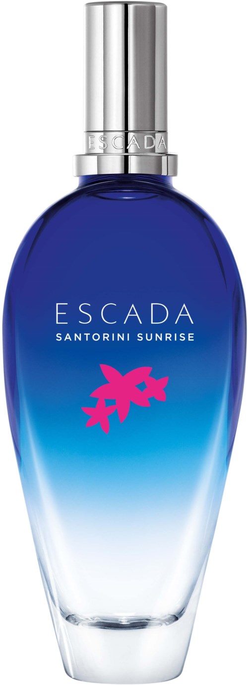 En blå gradient parfymflaska med silverlock, märkt Escada Santorini Sunrise, och en rosa dekorativ symbol.