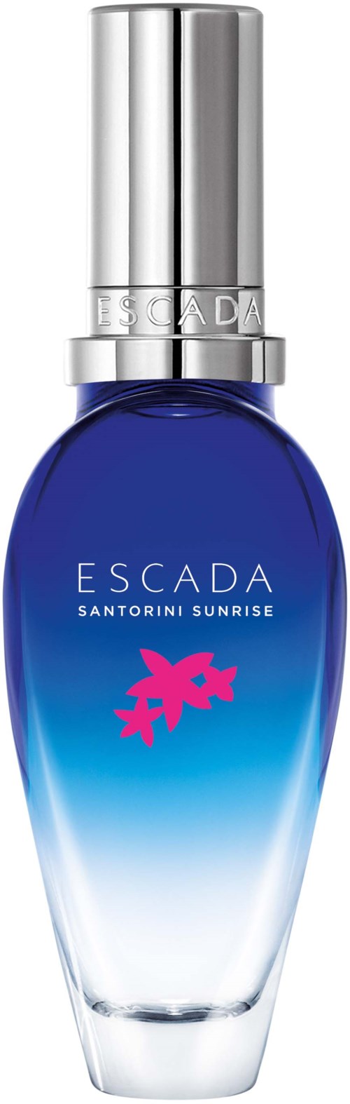 Blå parfymflaska med silverlock, rosa Escada-logga och vit text: 'Escada Santorini Sunrise.'