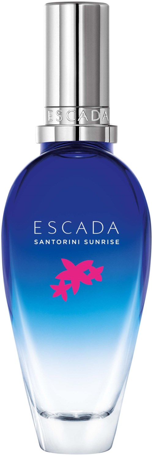 En parfyllflaska med blå överton, silverlock, och rosa logotyp, märkt 'ESCADA SANTORINI SUNRISE'.
