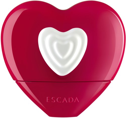 En röd hjärtformad box med vit lagd hjärtform och ordet "ESCADA" längst ner.