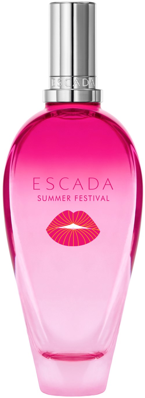 En rosa parfymflaska med silverlock, märkt 'Escada Summer Festival' och en rosa läpplogotyp.