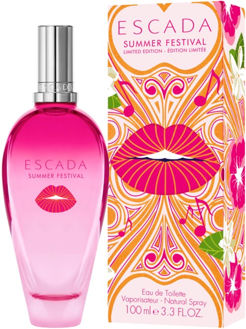 En rosa parfypåse med namnet Escada Summer Festival och en färgglad förpackning med läppar och blommönster.