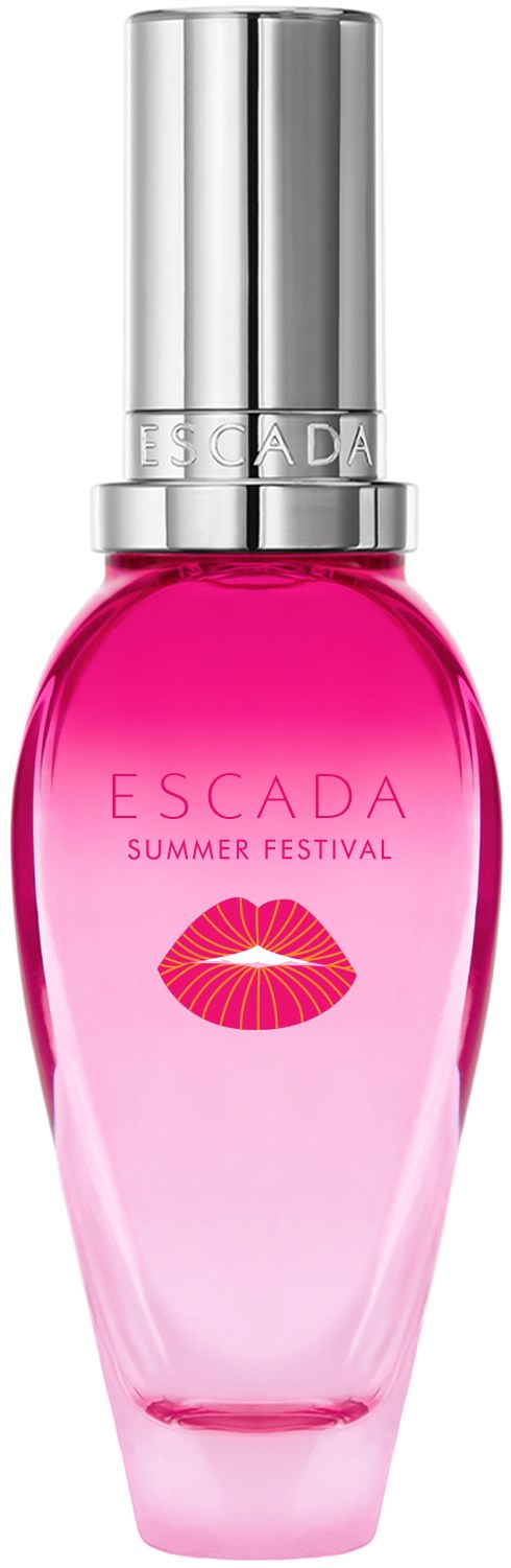 Rosa parfyllfata med silverkork, märkt 'ESCADA SUMMER FESTIVAL' med ett läppavtryck.