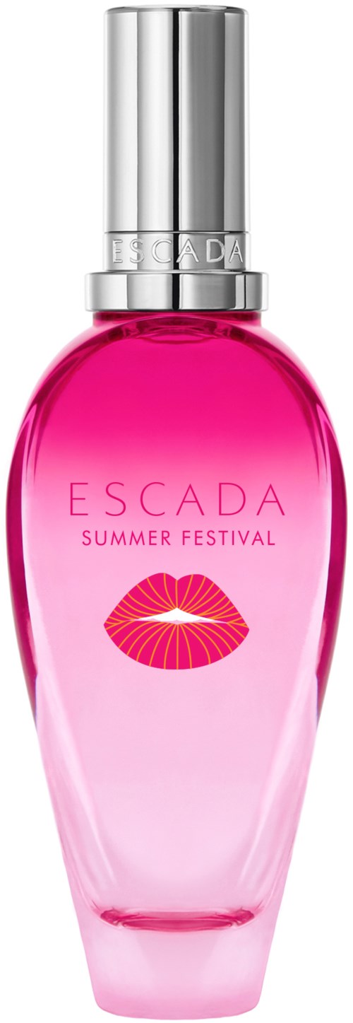 Pinkki hajuvesipullo hopeisella kourulla, merkitty 'ESCADA SUMMER FESTIVAL' ja huulireunus.
