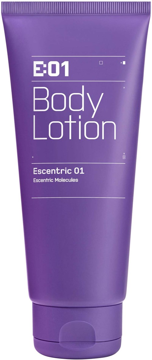 Lila Tube mit weißem Text sagt E:01 Body Lotion und Esentric 01.
