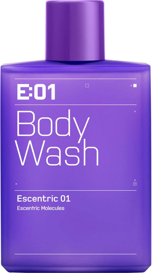 Eine violette Flasche mit 'Body Wash' und 'Ecentric 01', wirkt modern und elegant.