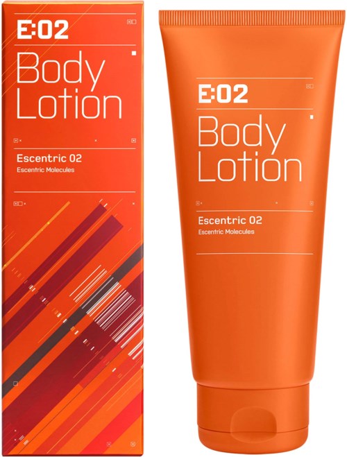 Oranger Karton und Tube-Beschreibung für Körperlotion mit modernem geometrischen Design und Textdetails.