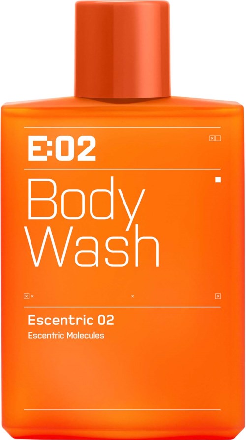 Orangene Flasche mit Körperwaschmittel, labeled Escentric 02, enthält escentrische Moleküle, schlichtes, modernes Design.