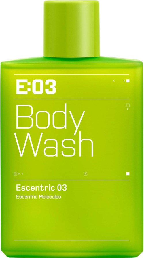 Hellgrüne Flasche mit weißem Text für Körperwäsche namens Escentric 03. Schlichtes Design, zylindrische Form.