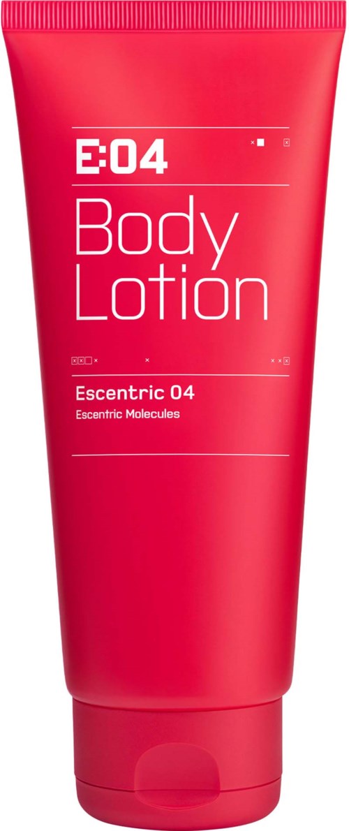 Ein roter Tuben mit weißem Text 'E:04 Body Lotion' und einfachem Design.