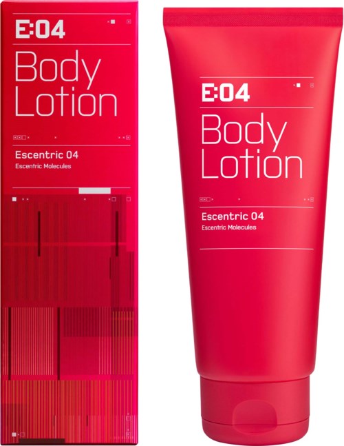 Eine rote Tube und Schachtel mit der Aufschrift 'E:04 Body Lotion' im digitalen Design.