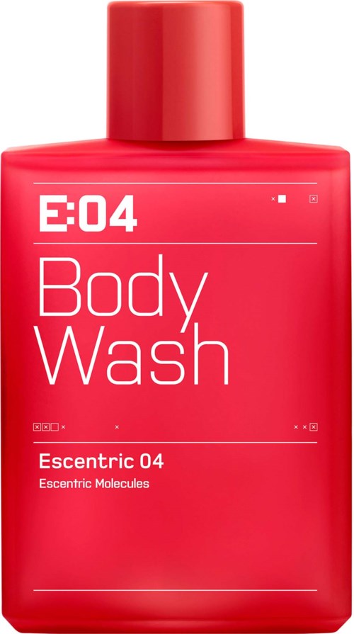 Eine rote Flasche mit der Aufschrift 'E:04 Body Wash' und rotem Deckel, Text in Weiß.