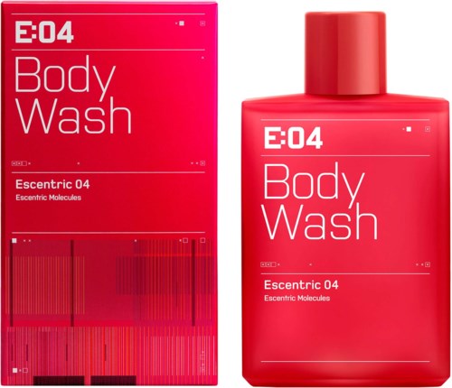 Eine rote Flasche und Schachtel mit E04 Body Wash mit minimalistischem Design und weißen Text.