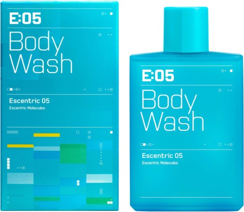 Blaues Flasche und Verpackung mit der Aufschrift 'E-05 Body Wash' und 'Escentric 05 Escentric Molecules.'