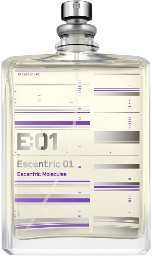 Ein Parfümflasche mit Beschriftung 'E-01' und 'Escentric 01', mit lila und grauen Linien, und einem silbernen Deckel.