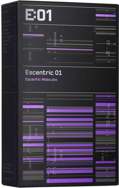 Eine Produktbox mit digitalem Diagramm-Design, beschriftet mit 'E:01' und 'Escentric 01' für ein Parfüm.