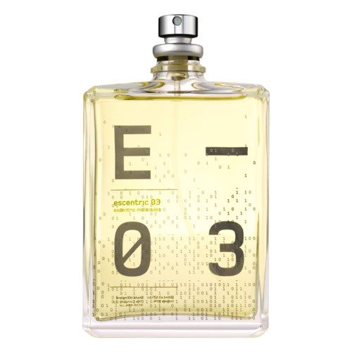 A clear perfume bottle with bubbles inside, labeled "Escentric 03" and "Escentric Molecules," with a silver cap.