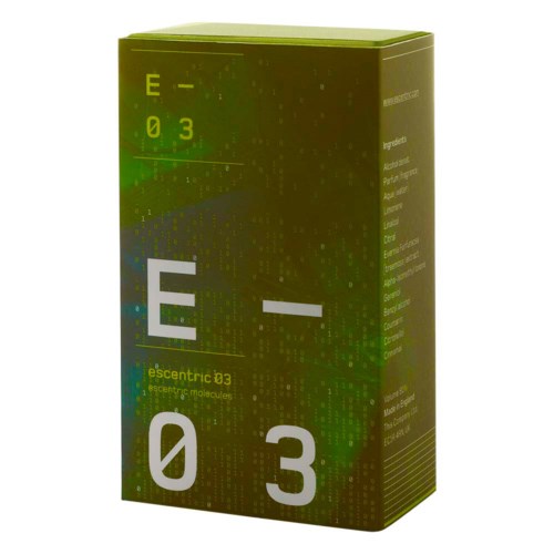 Eine grüne Verpackung mit der Aufschrift 'escentrix 03' und wissenschaftlichem und digitalem Design.