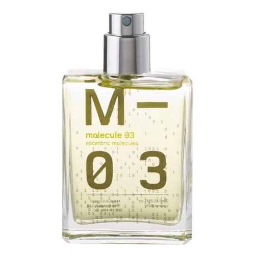 Eine klare Glasflasche mit Sprühkopf, beschriftet mit 'molecule 03' und 'ensemtric molecules'.