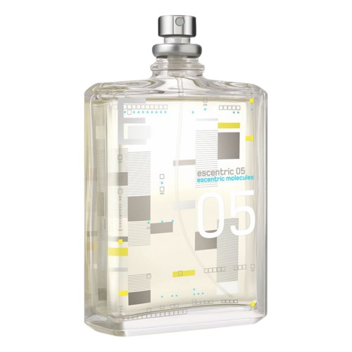 A clear perfume bottle with abstract colorful and gray design, labeled "escentric 05" and "escentric molecules."