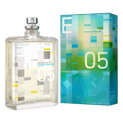 A perfume bottle and box labeled 'Escentric 05' with a digital, geometric design. Bottle is clear, rectangular with a silver cap.