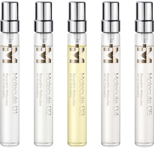 Five small bottles, each labeled 'Molecular 01' to 'Molecular 05', contain different liquids. They have silver caps.