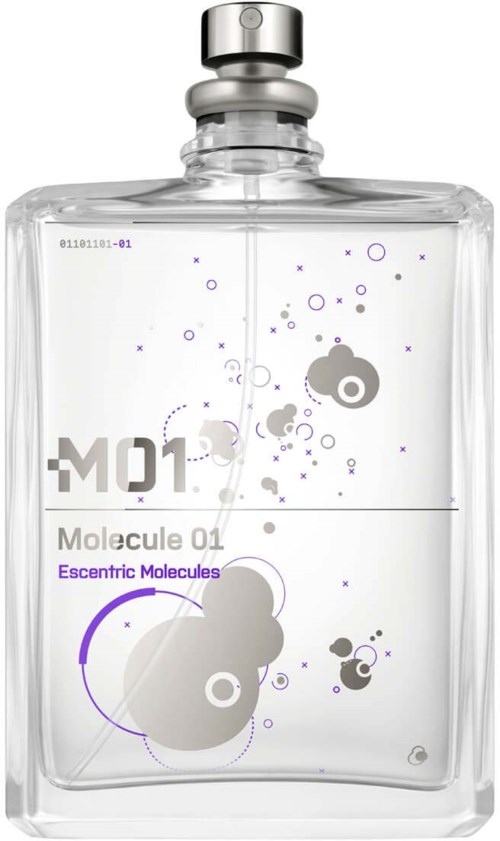 Eine klare Glassflasche mit lila Punkten und Kreisen, gekennzeichnet mit 'Molecule 01,' sieht aus wie eine Parfümflasche.