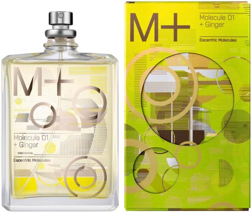Ein Parfümflasche und eine Verpackung mit gelbem und grauem Design, beschriftet 'M+ Molecule 01 + Ginger' und 'Escentric Molecules.'