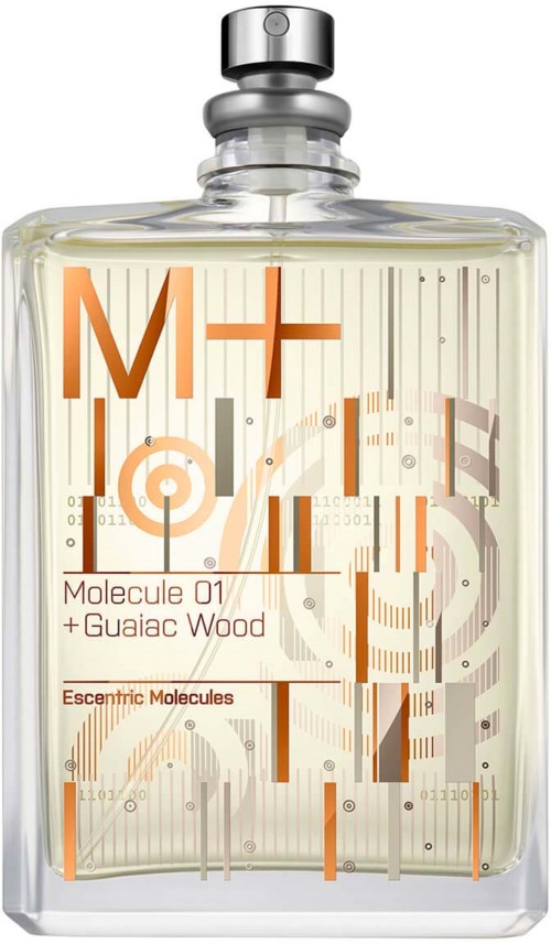 Ein Parfümflasche mit modernem, abstraktem Design, beschriftet 'M+H' und 'Molecule 01 + Guaiac Wood'.