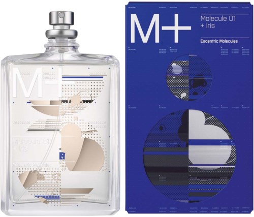 Ein Parfüheflasche mit modernem, abstraktem Etikett und einer passenden blauen Box mit wissenschaftlichem Design.