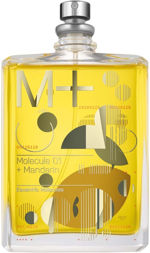 Eine gelbe Flasche mit abstrakten schwarzen, weißen und gelben Formen und Text, beschriftet 'Molecule 01 + Mandarin'.