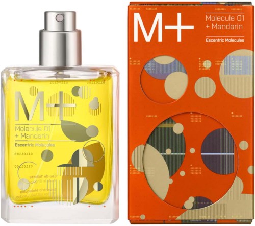 En parfymflaska med gul vätska bredvid en orange kartong, båda märkta Molecule 01 + Mandarin, med abstrakta mönster.
