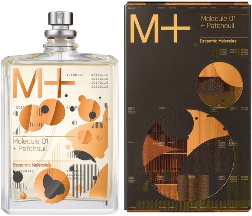Eine Flasche mit einem Etikett und eine Schachtel, beide mit abstrakten orangefarbenen und schwarzen Designs im Zusammenhang mit Molekülen.