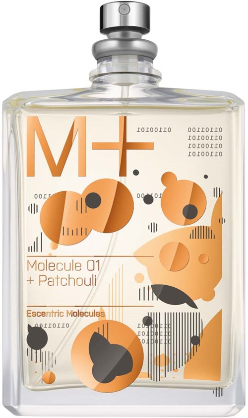 Eine klare Flasche mit einem abstrakten Etikett in Orange und Schwarz, mit Text über Moleküle und Patchouli.