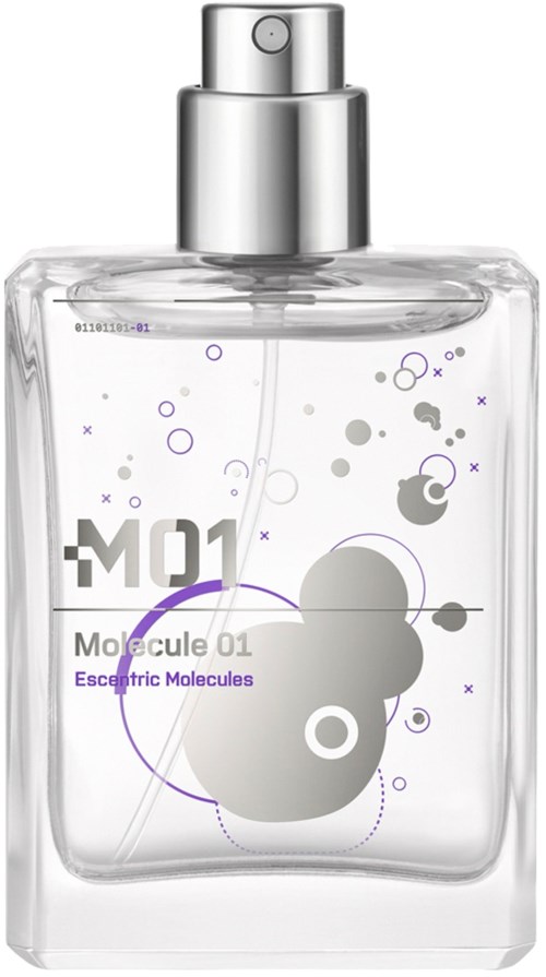 Eine klare Zerstäuberflasche mit silberner Kappe, beschriftet "Molecule 01" und "Esoteric Molecules," mit abstrakten Kreisen und Linien.