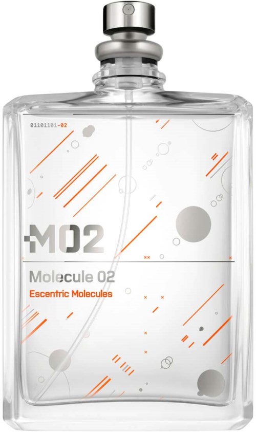 Eine klare Flasche mit der Aufschrift '+M02 Molecule O2' und orange-grauen abstrakten Designs, für Wissenschaft oder Dekoration.