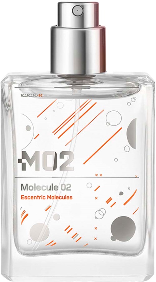 Eine klare Parfümflasche mit silberner Sprühkappe, verziert mit orange und grauen abstrakten Punkten und Linien.