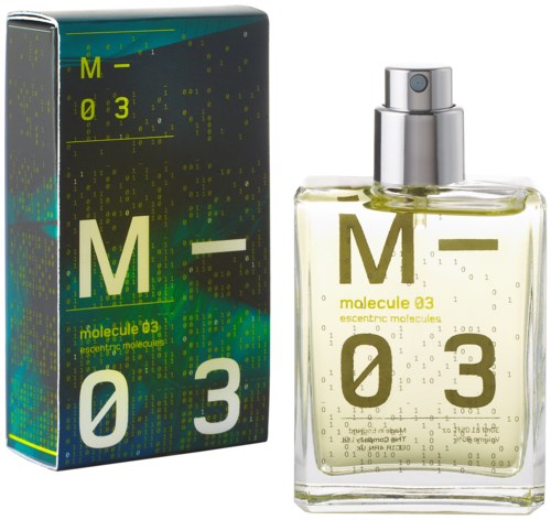 Ein Parfümflasche und eine Schachtel mit der Aufschrift 'Molecule 03', modernes wissenschaftliches Design mit gelb-grüner Schrift und Grafiken.