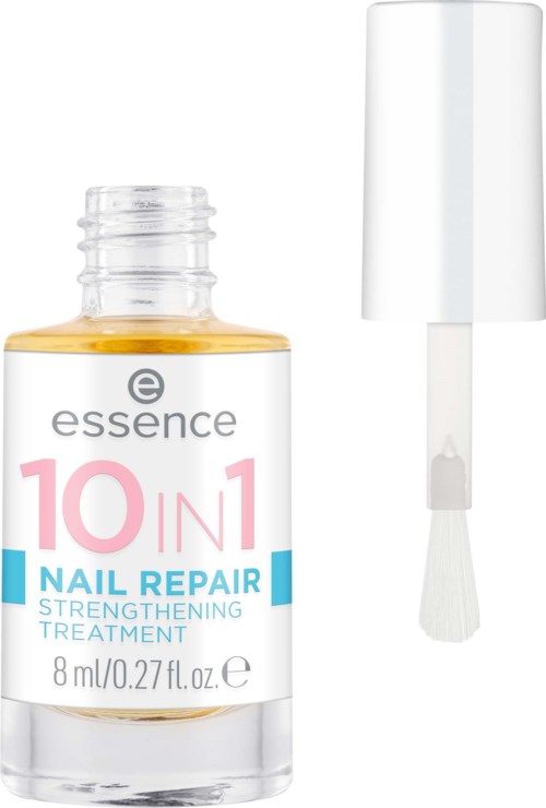 Een nagellakfles met het label Essence 10 in 1 Nail Repair, met een witte kwast en witte dop.
