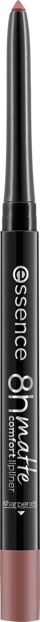 A black lip liner pencil with a pinkish tip and white text that says essence and long-lasting.