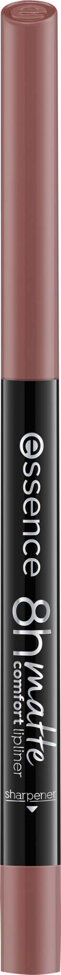 A makeup pencil labeled essence 8h matte. It is pink with a black band. The pencil is vertical.