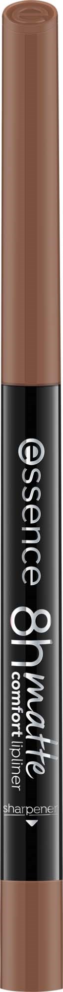 A brown eyeliner pencil with black and white text, labeled Essence 8H matte Lipstick.