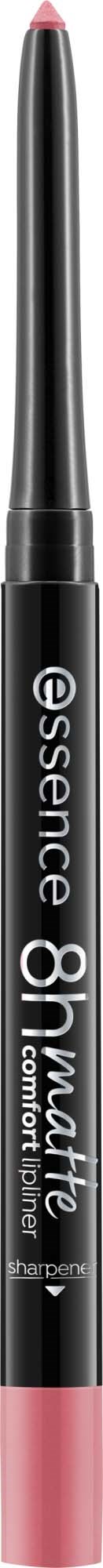A black eyeliner pencil with pink tip and white text, standing vertically against a black background.