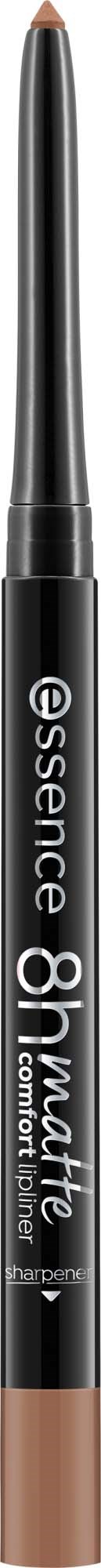 A black makeup pencil with a brown tip, labeled Essence 8h matte contour, is shown vertically.
