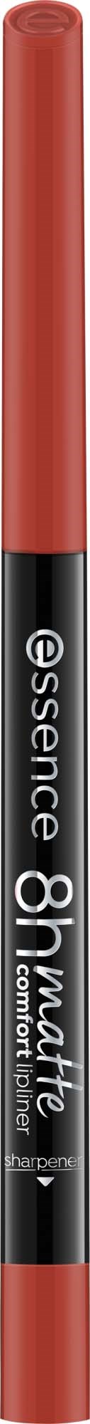 A lipstick with a red cap and black body labeled essence 8 hour matte. It is standing upright.