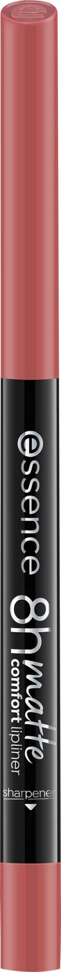 A pink makeup lip liner pencil with black label and white text that says essence 8H matte. It is upright.