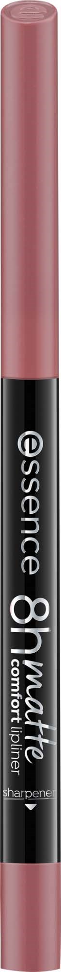 A pink lip gloss pen with a black label showing the words essence and 8 hour liquid lipstick.
