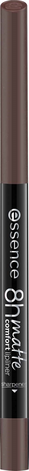 A brown eyeliner pencil with a black band and white text saying essence 8h matte. The cap is at the top.