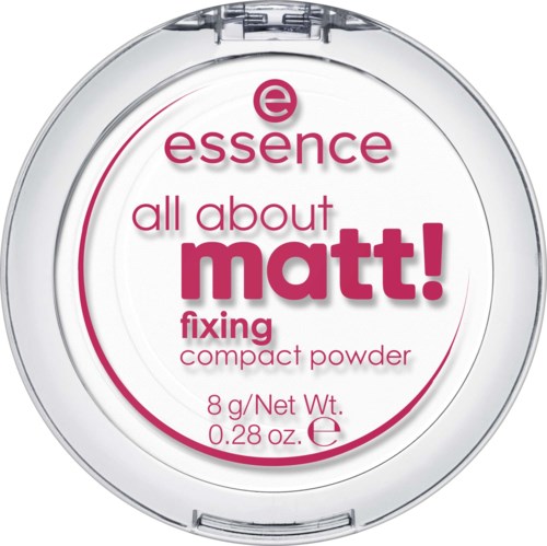 Det är en kompakt powderbehållare med märket essence, märkt 'all about matt!' för att fixera smink.