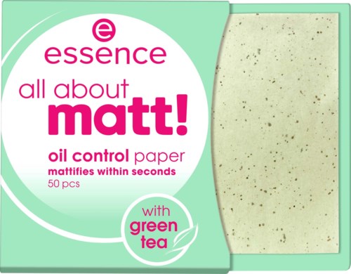 A package of green tea oil control paper, 50 sheets, with a white and green label promoting matte skin.